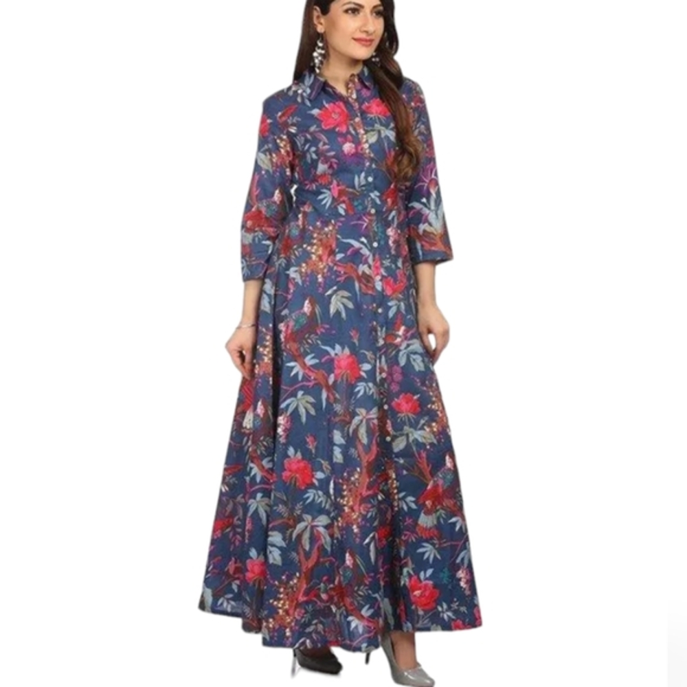 BIBA Women's Size 34 Blue Flared‎ Floral Cotton Maxi Kurta Dress